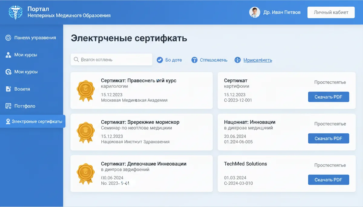 экран портала непрерывного медицинского образования, личный кабинет врача, электронные сертификаты